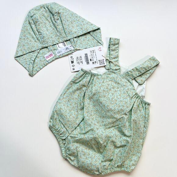 Zara Green Floral Bubble Romper & Bonnet NWT - Picture 2 of 2